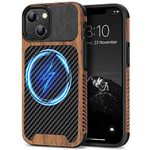 TENDLIN Magnetic Case Compatible with iPhone 14 Case Wood Grain with Carbon Fiber Texture Design Leather Hybrid Slim Case (Compatible with MagSafe) Black