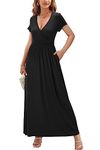 OUGES Women's Summer Casual V Neck Short Sleeve Wrap Ladies Maxi Long Dress with Pockets(Black394,XXL)