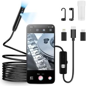LabTEC Dual Lens Endoscope Inspection Camera 1920P, 7.9mm IP67 Waterproof Borescope Camera with LED lights, 16.4FT/5M Semi-Rigid Snake camera for iPhone Android USB Phone