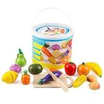 Wondertoys Wooden fruit Vegetables Cutting Set Wood Food Pretend Kitchen Playset Learning Toy for 3 4 5 Years Old Kids (14Pieces)