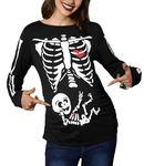 Clarisbelle Women Halloween Pregnancy Long Sleeve Adult Costume Funny Pumpkin Face Skeleton Comfy Maternity Shirt Black L