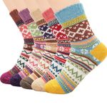 5 Pairs Thermal Wool Womens Socks Warm Winter Knitting Thick Ladies Socks Vintage Style Woman Bed Sock Multicoloured for Home Office School Hiking, Ideal Christmas Gifts for Women 5 Colors with Print