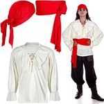 3 Pieces Halloween Pirate Costume for Men, Pirate Shirt Pirate Head scarf and Pirate Sash Belt Costume for Men(White, Red)