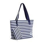 Florence Happy @ England Stripe Canvas Tote Bag Vintage Button Holiday Beach Shoulder Handbag (navy white thin stripe)