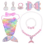 Nenjindz 7Pcs Mermaid Dress Up Jewelry Set For Girls Pearl Necklace Bracelet Ring Set Birthday Mermaid Theme Party Pendant Necklace For Girls, 7 Count (Pack Of 1), Acrylic Plastic Sequins