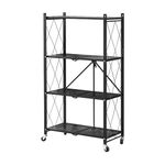 4 Tier Foldable Storage Shelf Unit -OZHOMY Heavy Duty Storage Trolley Unit with Wheels (No Assembly) for Kitchen Garage Laundry Bathroom Tool Organization (Black)