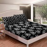 Feelyou Marijuana Leaf Fitted Sheet Trippy Weed Hemp Bed Sheet Set Deep Pocket Botanical Bedding Queen Size Includes 1 Sheets & 2 Pillowcases Black Grey (No Flat Sheet)