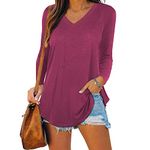 iChunhua Women Long Sleeve T Shirt V Neck Plain Loose Fit Basic Stretchy Tops Rose Large