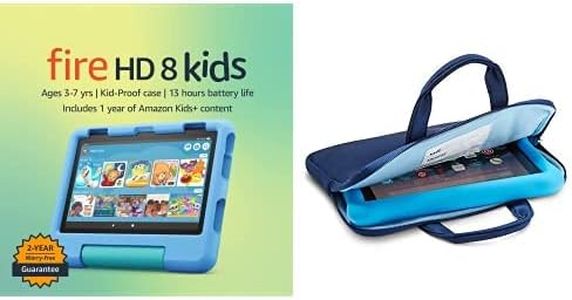 Amazon Fire 8 Kids tablet, 8" display 32GB (Blue) + Kids Zipper Sleeve (Blue)