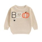 Geagodelia Baby Halloween Knitted Jumper Kids Toddler Boys Girls My First Halloween Outfit Oversized Knit Sweater Pullover Winter Knitwear Boo Pumpkin Pattern (Beige, 2-3 Years)