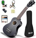 iECO Soprano Ukulele Beginner Kit for Kids Adults 21 Inch Ukelele w/Case Strap Tuner Strings Picks (Black)