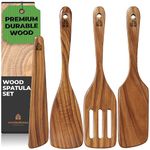 Wooden Spatula for Cooking, Kitchen Spatula Set of 4, Natural Teak Kitchen Utensils Including Paddle, Turner, Slotted Spurtle and Wood Scraper - Nonstick cookware
