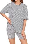 WDIRARA Women's 2 Piece Striped Outfits Crewneck Half Sleeve Top Skinny Shorts Lounge Set Casual Tracksuit White Stripes M