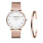 VICTORIA HYDE Analog Quartz Watches for Men Women Unisex Wrist Watches Waterproof Stainless Steel Mesh Band Rosegold with Cuff Bangle Set