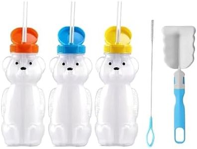 Honey Bear Straw Cups, Juice Bear Bottle Drinking Cup Long Straws & Cleaning Tools, 3-Pack Squeezable Therapy and Special Needs Assistive Drink Container, Spill Proof and Leak Resistant Lid BPA Free