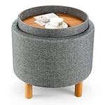 Giantex Round Storage Ottoman with Tray, Accent Storage Footstool w/Soft Padding, Fabric Sitting Stool w/Solid Wood Legs & Non-Slip Pads, Tray Top Coffee Table for Living Room, Bedroom (Grey)