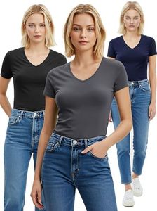 Emmalise Women's Short Sleeve T Shirt V Neck Tee Value Set (3Pk, True Navy, Charcoal, Black, 1XL)