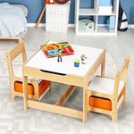 Kidbot 3in1 Kids Wooden Table & 2 Chair Set Multifunctional Activity Play Desk Children Toddler Table and Chair Set for Drawing, Eating, Reading Space Saving Design White Orange Natural