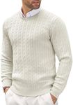 COOFANDY Men's Crewneck Knit Sweater Slim Fit Lightweight Casual Twist Patterned Cable Knitted Pullover A-white