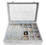 BesyPro Ice Velvet Jewelry Box Display Case with a Clear Glass Window,10 Hooks Necklace Organizer Box and 12 Grids for Earings Rings Storage Grey