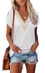 Famulily Ladies Summer V Neck Plain Lace Elegant Shirt, White Tops for Women UK Sexy, Comfy (L, White)