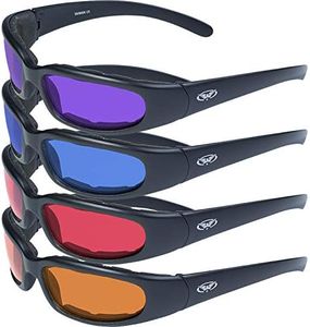 Global Vision 4 Pair Set of Chicago Foam Padded Glasses Sunglasses, Motorcycle Shiny Black Frame Purple, Blue, Red and Orange Lenses