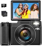 4K Digital Camera for Photography, Autofocus 48MP Vlogging Camera for YouTube with 16X Zoom, 3’’180 Degree Flip Screen Compact Video Camera with Liftable Flash, SD Card&2 Batteries