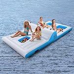 GYMAX Large Inflatable Floating Island, 4-6 Persons Lake Raft with 130W Air Pump, Ergonomic Backrest, 1 Compartment, 4 Cup Holders, Sunbathing Pool Float for River, Beach, Ocean, 366cm x 201cm x 60cm