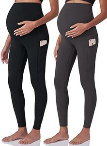 POSHDIVAH 2Pcs Women's Maternity Workout Leggings Over The Belly Pregnancy Yoga Pants with Pockets Soft Active Wear Work Pants Black Gray XX-Large