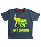 Edward Sinclair I AM A Dinosaur - T-REX Design Washed Navy Boys Cotton T-Shirt in Size 5-6 Years. with A Green & Yellow Print T-Shirt.