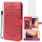 Bohefo Case for iPhone SE 2022/iPhone SE 2020/iPhone 7 Case/iPhone 8 Wallet Case with Tempered Glass Screen Protector, Mandala Leather Flip Credit Card Holder Stand Phone Cover for iPhone 8 Red