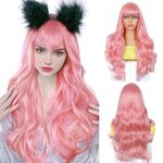 Creamily Curly Hair Wig for Women,Long Hair Wig Pink, Synthetic Women Hair Wig for Women Full Head Natural,Anime Wig with Bangs Hair Week for Women Cosplay Party