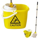 String Mop and Bucket Set, Comes with 12L Mop Bucket with Wringer and Wet Floor Caution Sign, Pure Yarn Cotton Mop with 120cm Metal Handle, Industrial & Commercial Yellow Mop Bucket Plus Floor Mop