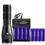 VISVIC Bright Flashlight, 4 Slot Universal Battery Charger, with 8 Rechargeable 18650 Top Button 3.7v Lithium Batteries, Smart Charger 18650, 26650, 18500, 16650 Rechargeable Batteries