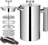 Wrobic Cafetiere French Press Coffee Maker 600ml/20oz Double-Wall Insulated Stainless Steel, 3 Level Filtration System, French Press for Home, Camping and Office,(2 cup to 4 cup)