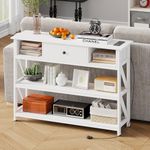 Mexin 39 Inch Console Table with 2 Outlet and 2 USB Ports, Entryway Table with Drawer and Storage Shelves, Narrow Sofa Table for Living Room and Hallway, White