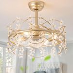 YMKSKJ 20 Inch Gold Crystal Ceiling Fan with Light, Caged Flower Chandelier Ceiling Fan with Light Remote Control, Enclosed 6 Speeds for Bedroom, Nursery, Living Room