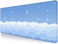 LTHAOGUO Cute Light Blue Desk Mat Mousepad, Kawaii Anime Gaming Deskmat Pastel Clouds, Aesthetic Stars Moon Deskpad, Minimalist Mint White XL Mouse Pad, 31.5 X 11.8 Inch