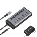 QWIIZLAB 36W Powered USB 3.2 Hub, 7 Ports with 2 USB-C 10Gbps, 1 USB-A 10Gbps, 4 USB-A 3.0, Power Adapter 12V/3A, Aluminum Multiport Expander for PC, Mac, Laptop Surface and iPad Pro