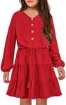 Arshiner Girls Dresses Fall Long Sleeve Tween V Neck Button Ruffle Tiered Flowy Swing Dress with Belt Red 7-8Y