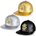 Zhanmai 3 Pieces Funny Hat Gold Rapper Hat 80s 90s Adjustable Hip Hop Hat Dollar Sign Gold Snapback Hat Leather Brimmed Baseball Cap for Men, ['Gold', 'Silver', 'Black'], Large