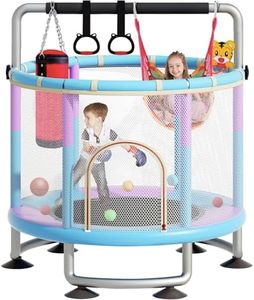 PTEROMYS 60" Trampoline for Kids with Enclosure, 440lbs Capacity Indoor & Outdoor Toddler Trampoline with Adjustable Gymnastics Bar & Toys, for Boys & Girls (Blue Purple)