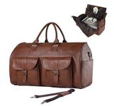 Auslese Convertible Duffel Leather Suitcase Travel Bag with Shoulder Strap for Men Women 2 in 1 Hanging Large Size Travelling Foldable Handbags (Brown)