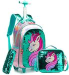 Girls Rolling Backpack Kids Backpacks with Wheels Backpack for Girls for School with Lunch Box Unicorn Reversible Sequin School Bags