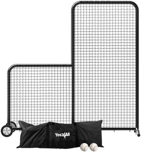 Yes4All Portable L-Screen Baseball 7x7ft with 2 Baseballs, Rubber Wheels - L Screen Baseball for Batting Cage, Protective Pitching Screen Net Double Layers, Carry Bag Included
