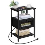 OYEAL Black Nightstand with Charging Station Bedside End Table with Drawer Storage Shelf Small Sofa Side Table with USB Ports and Outlets for Narrow Space Living Room Home Decor, Black