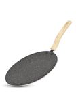 BERGNER Earth Black Non-Stick 26 cm Concave Tawa, Wooden Finish Soft Touch Handle, 3mm Thickness, Consumes Less Oil, Even Heat Distribution, White Marble Splatter, Induction Bottom and Gas Ready