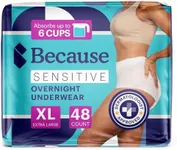 Because Adult Incontinence Underwear for Sensitive Skin - Women - Premium Overnight Disposable Briefs, Anti Odor - White, X-Large - Absorbs 6 Cups - 48 Count (4 Packs of 12)