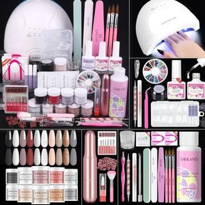 Saviland Acrylic Nail Kit - 10 Colors Acrylic Powder with 48W Nail Lamp Electric Nail File Half Cover Coffin Nails Tips for Extension Home Salon Use