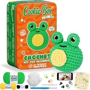 Cookie Box MINIs Crochet Kit for Beginners – Gift Set to Make Frog Ribbit Amigurumi Plushie – Easy DIY Crochet & Knitting Starter Kit with Printed Instructions & Step-by-Step Video Tutorial